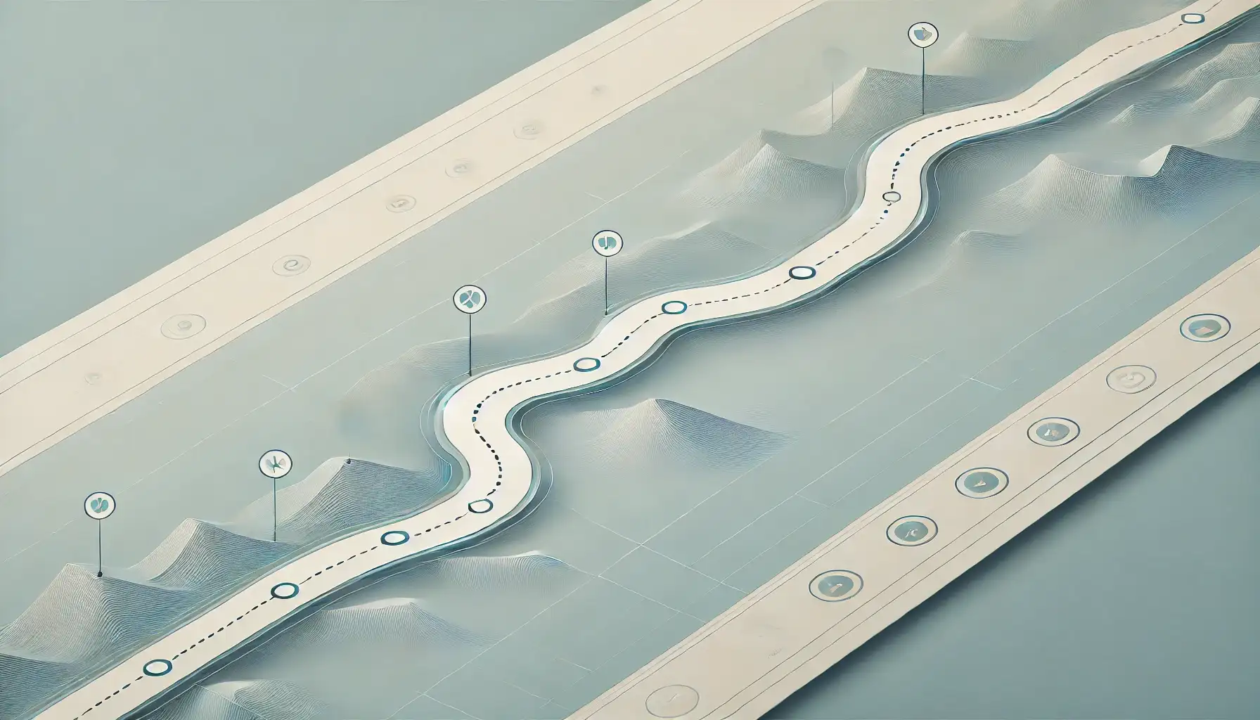 Rappresentazione di un percorso stilizzato con curve e tappe, che illustra il processo di apprendimento e la progressione